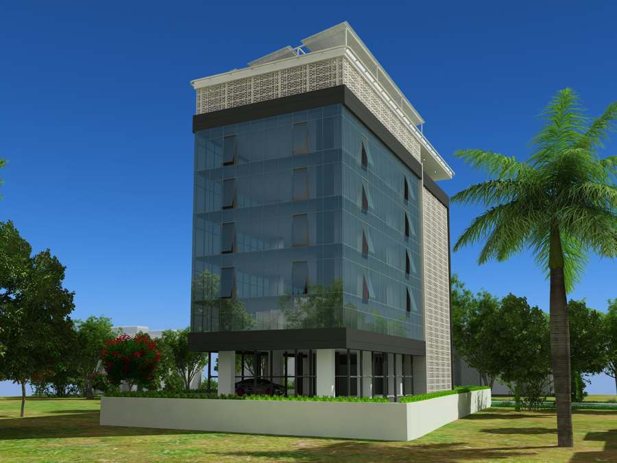 Glazed facade and stilt parking